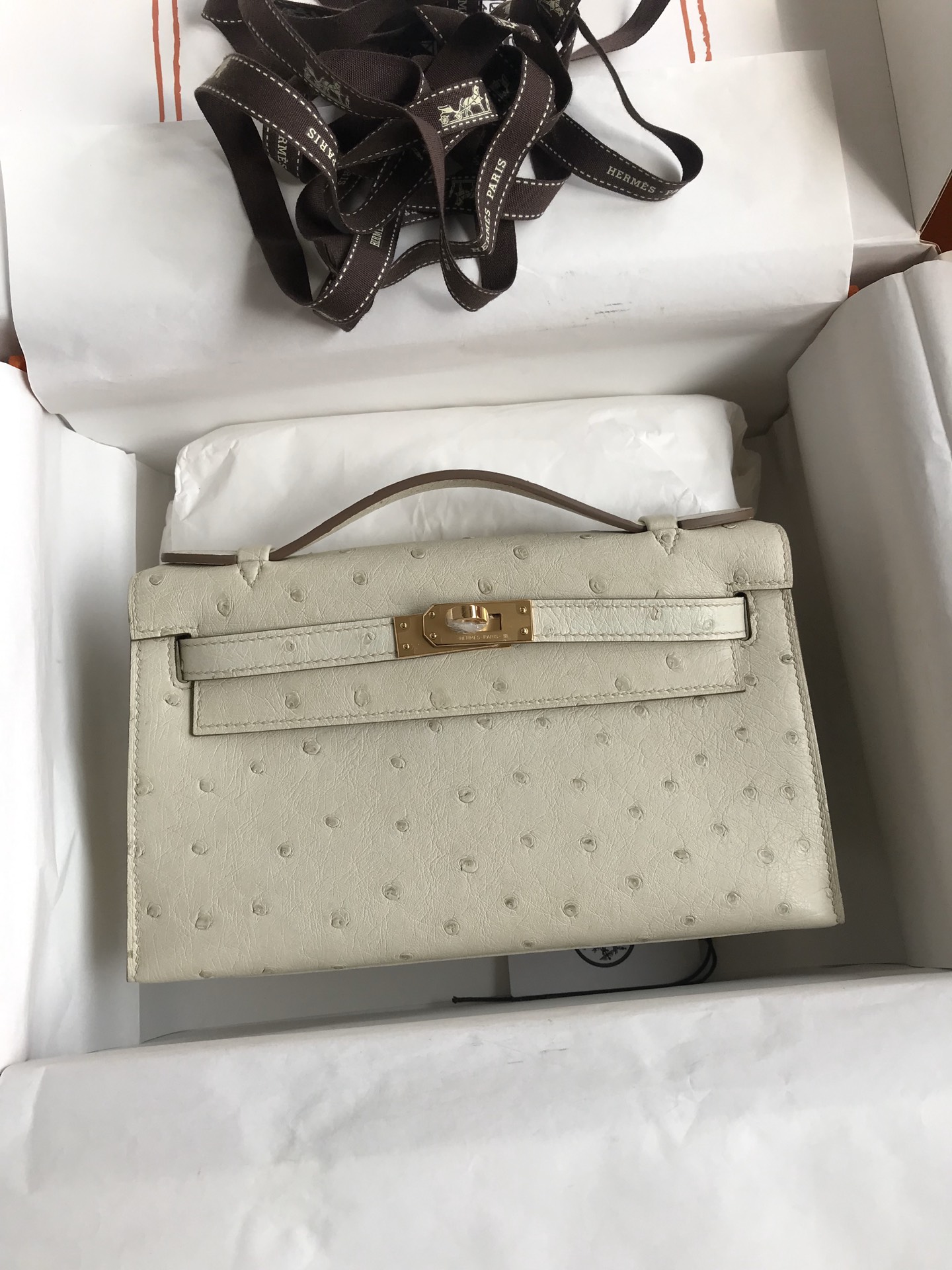 Hermes Mini Kelly Pochette 22cm Bag In Beton Ostrich Leather